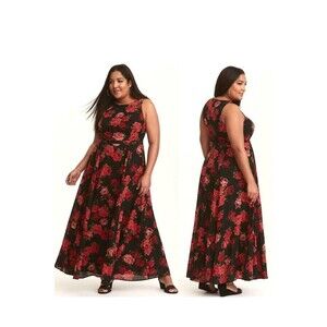 Torrid Maxi Dress Size 16(1X) Dark Floral Black Red Sleeveless Party Chiffon